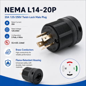 NEMA L14-20P 20A 125/250V 4-Prong Twist-Lock Male Plug for Generator Power Cords and Temporary Power