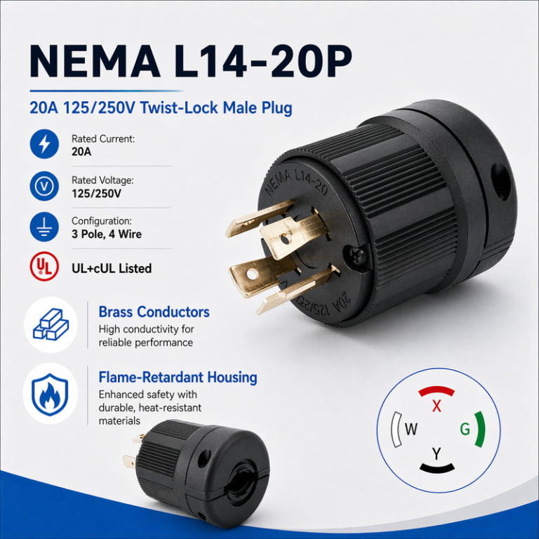 NEMA L14-20P 20A 125/250V 4-Prong Twist-Lock Male Plug for Generator Power Cords and Temporary Power