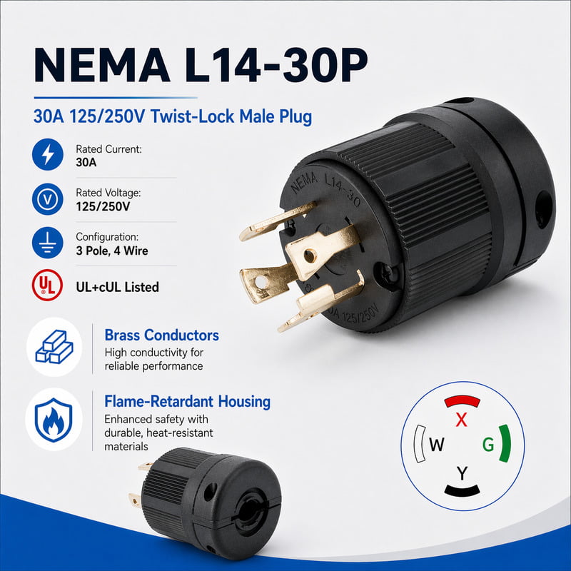 NEMA L14-30P 30A 125/250V 4-Prong Twist-Lock Male Plug for Generators and Temporary Power