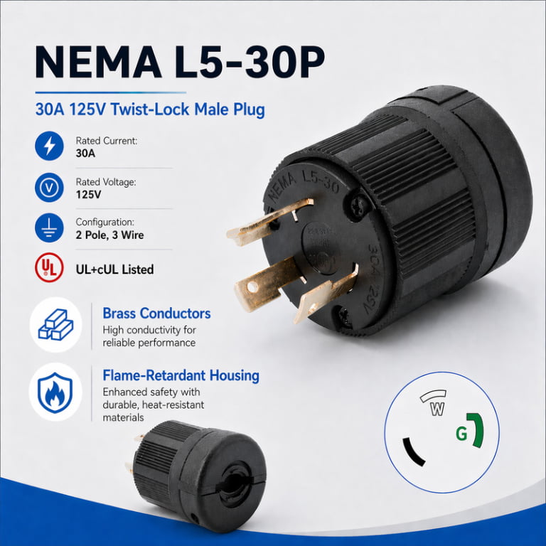 NEMA L5-30P 30A 125V 3-Prong Twist-Lock Male Plug for Portable Generators, Industrial Equipment and Temporary Power