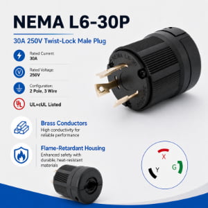 NEMA L6-30P 30A 250V 3-Prong Twist-Lock Male Plug for Industrial Equipment and Power Distribution